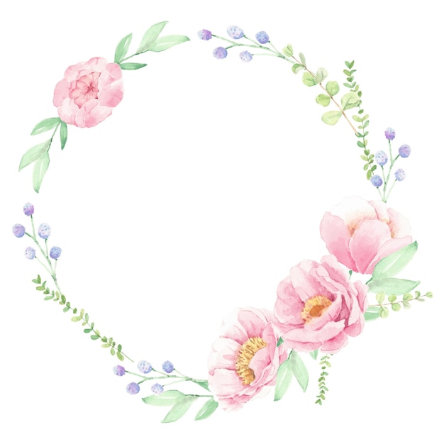 Watercolor pink peony flower bouquet arrangement wreath frame