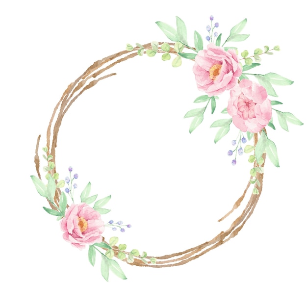 Vector watercolor pink peony flower bouquet on brown dry twig wreath frame