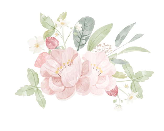 Watercolor pink peony and wild strawberry