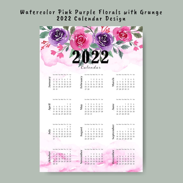 watercolor pink purple florals 2022 calendar design template printable