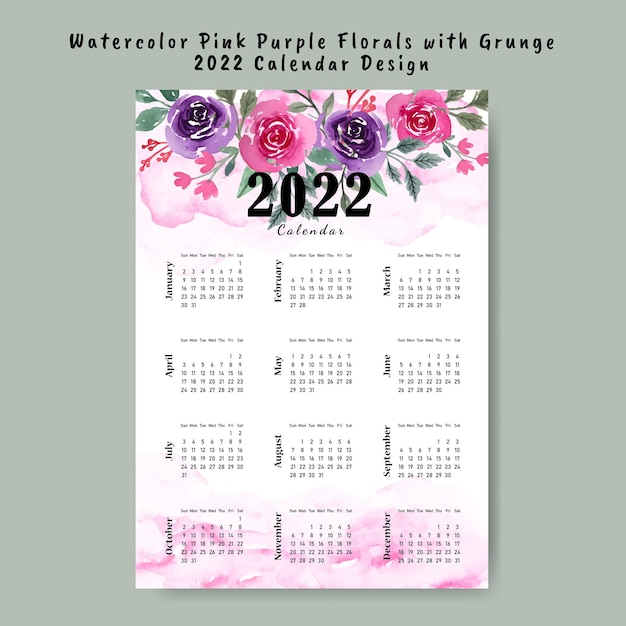 Watercolor Pink Purple Florals 2022 Calendar Design Template Printable