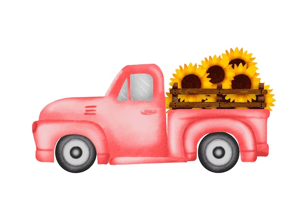 Vector watercolor pink retro truck with sunflowers happy fall thanksgiving illustration premium vector