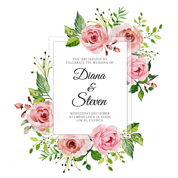 Watercolor pink rose floral wedding invitation card