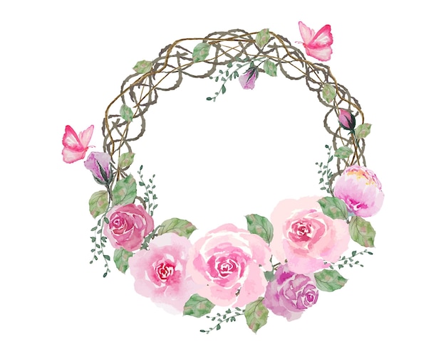 Watercolor pink roses flower wreath with circle root branch ring frame