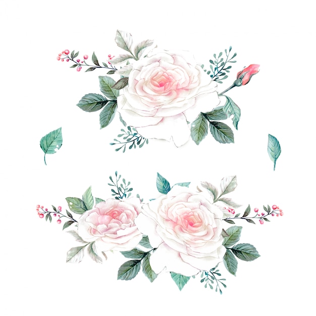 Watercolor pink roses vintage set.