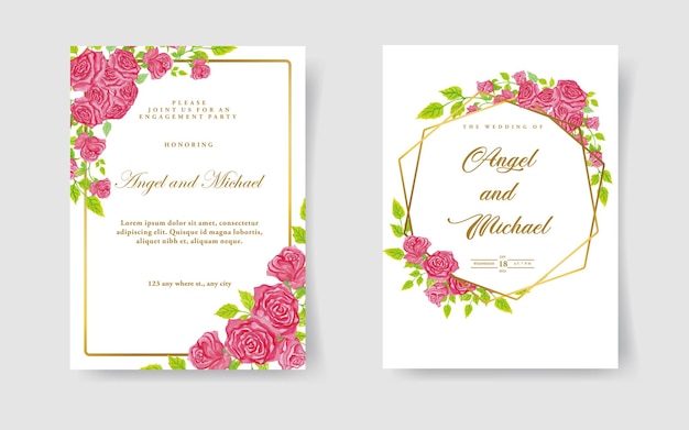 Watercolor pink roses wedding invitation card set watercolor vector illustration
