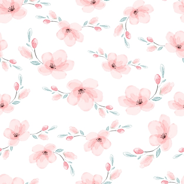 Watercolor pink sakura or cherry blossom flower blooming seamless pattern