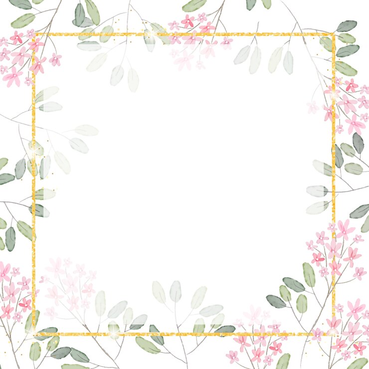 Vector watercolor pink tiny flower branch with golden glitter square frame background for banner