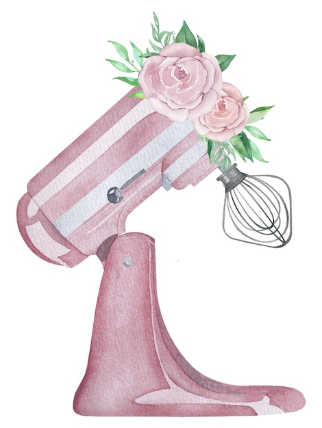 수채색 분홍색 청록색 패스트리 플래너터리 믹서와 털, 꽃과 녹지 베이커리 삽화가 있는 초대 페이스트리 메뉴 로고
