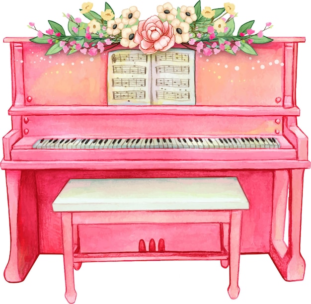 Vector watercolor pink upright piano with flowers