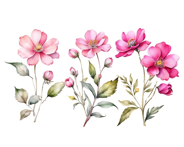 Watercolor pink wildflower set