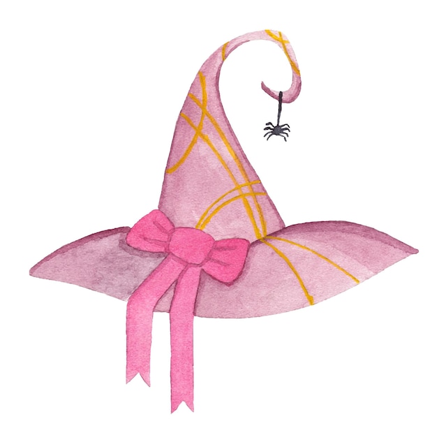 Watercolor pink witch hat with bow and spider halloween