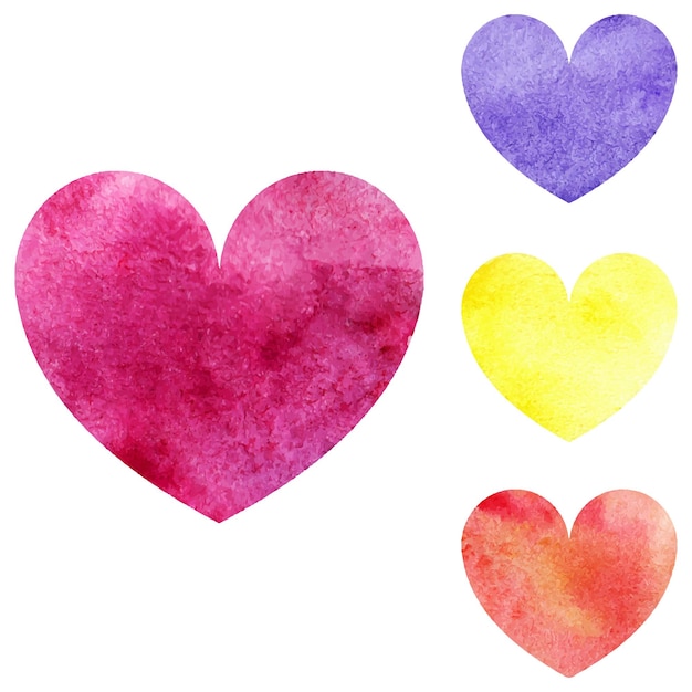 Watercolor pink yellow orange violet heart set isolated vector