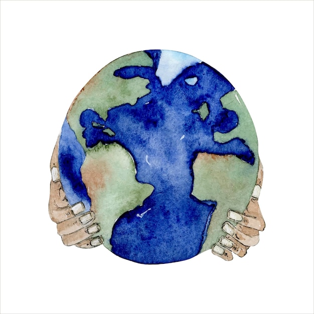 Watercolor planet earth in hands