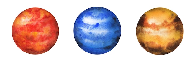 Watercolor planets set of a milky way space objects