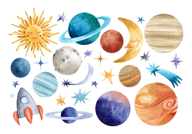 Vector watercolor planets sun moon space ship and stars elements set