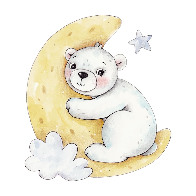 Watercolor polar white bear on the moon