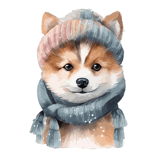 Vector watercolor pomsky puppy with cotton scarf