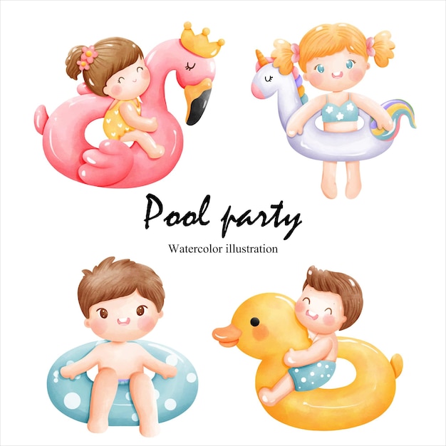 Watercolor pool party with cute children vector illustration