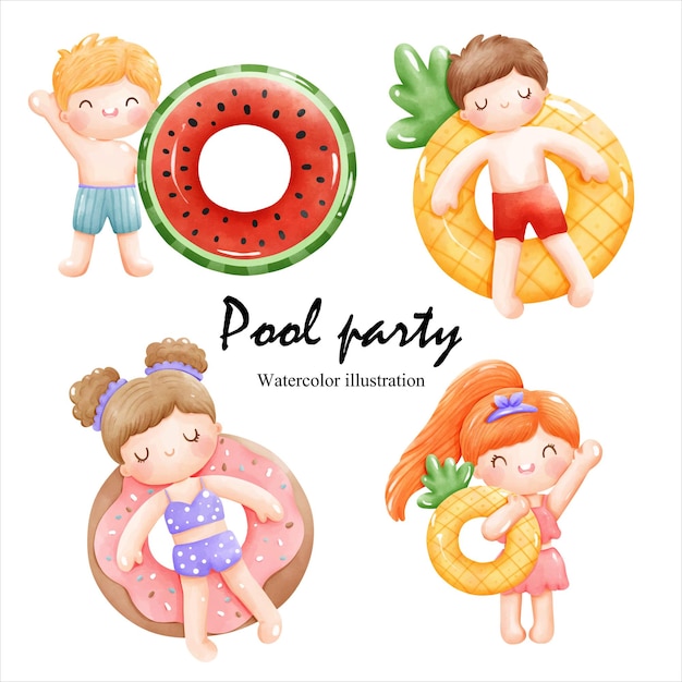 Watercolor pool party with cute children vector illustration