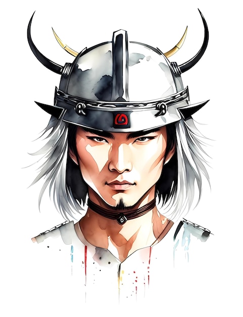 Watercolor portrait of asian warrior