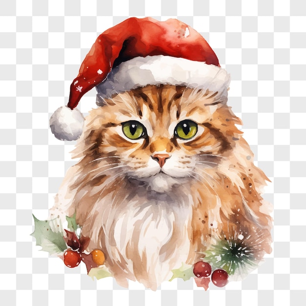 Watercolor portrait of a cat wearing santas hat