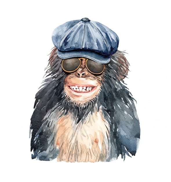 Vector watercolor portrait monkey smile with newsboy hat.