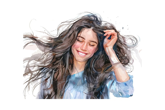 Vettore ritratto ad acquerello di una donna sorridente con i capelli che scorrono disegno di illustrazione vettoriale