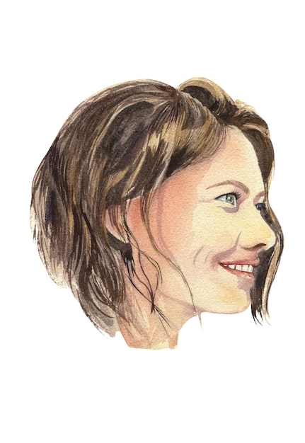 A watercolor portrait of a woman with brown hair and blue eyes.