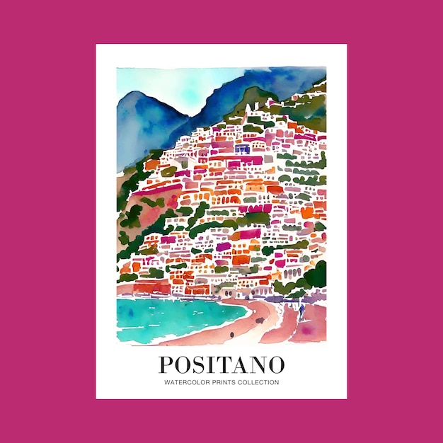 Vector watercolor positano italy illustration