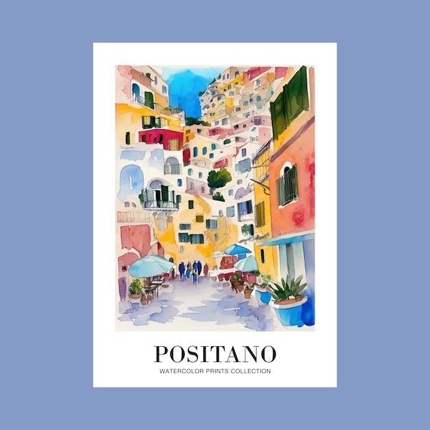 Vector watercolor positano italy illustration