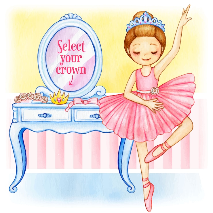 Vector watercolor princess ballerina with changeable crown and dressing table