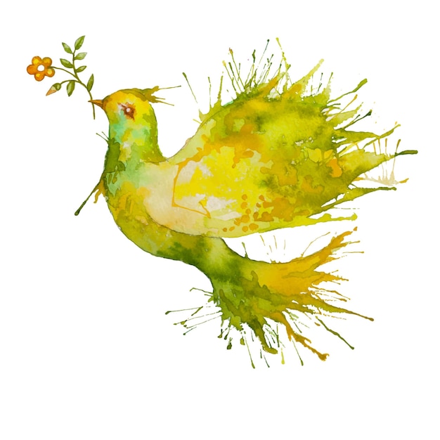 Watercolor print Green Dove flying with flower branch symbol of pease and nature vector auto trace