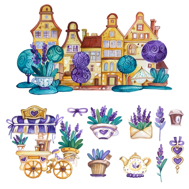 Набор декоративных элементов акварель provance с домиком, тележкой для кофе и цветами лаванды