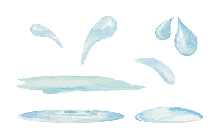 Vector watercolor puddles of water spill blue stain plash drops of water