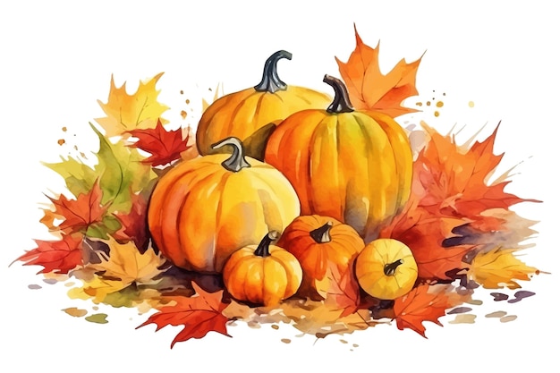 Watercolor pumpkin and autumn leaves Flat vector illustration isolated on white background