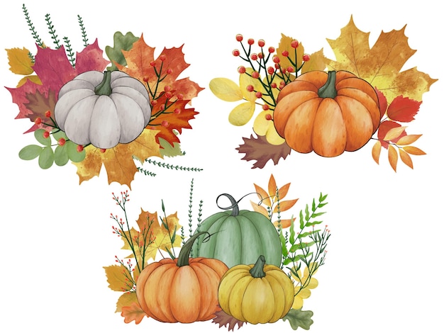 Watercolor pumpkin composition leaves pumpkin. Painted color clip art autumn design elements.