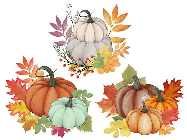 La composizione della zucca dell'acquerello lascia la zucca. elementi di design autunnali di clip art a colori dipinti.