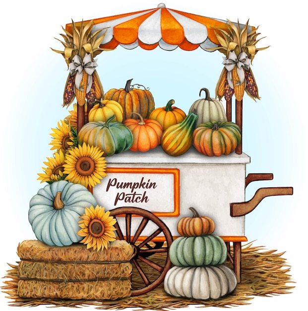 Vector watercolor pumpkin patch fall themed market cart