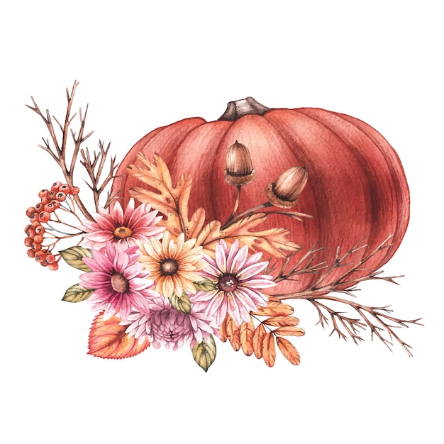 Watercolor pumpkin with flowers and dry leaves on a white background