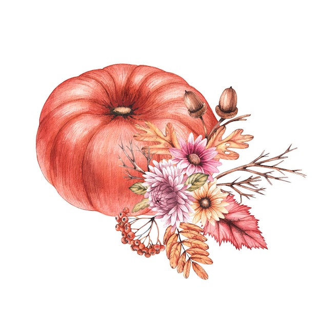 Watercolor pumpkin with flowers and dry leaves