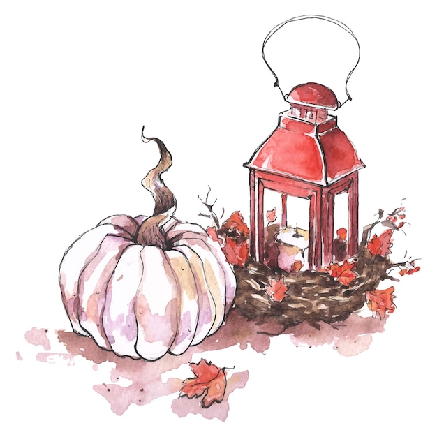 watercolor pumpkin with old lamp