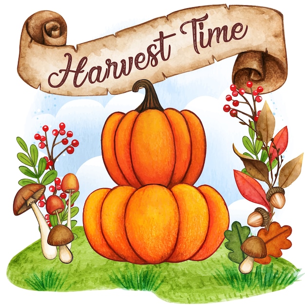 Watercolor pumpkins on a fall background with vintage scroll banner