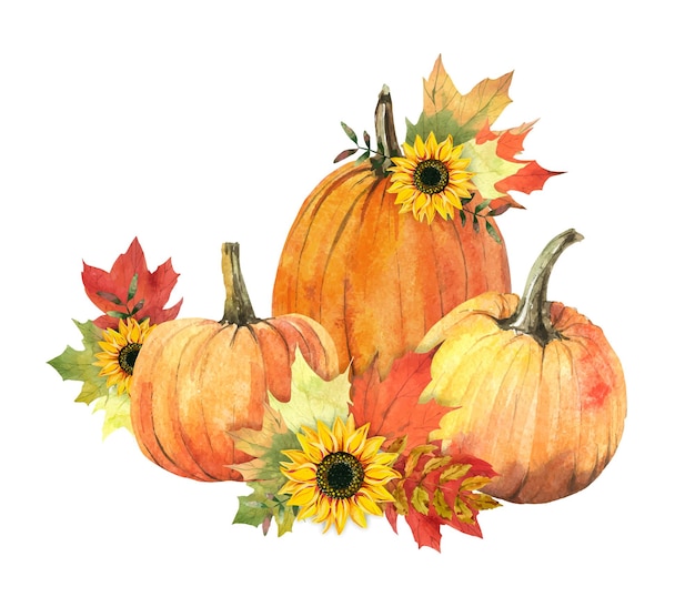 Watercolor pumpkins sunflowers composition