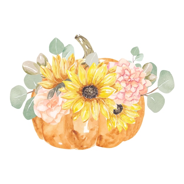 Vector watercolor pumpkins with floral bouquet