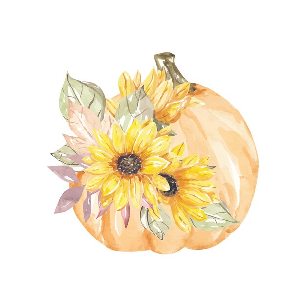 Watercolor pumpkins with floral bouquet