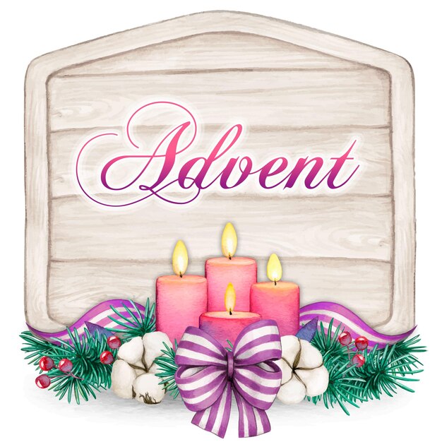 Watercolor purple advent candles in a snowy background