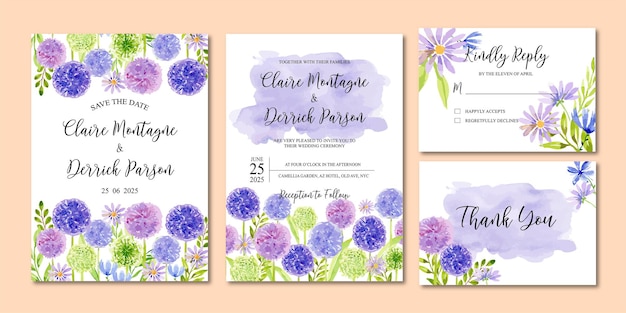水彩紫ネギ花の結婚式の招待状のテンプレートセット