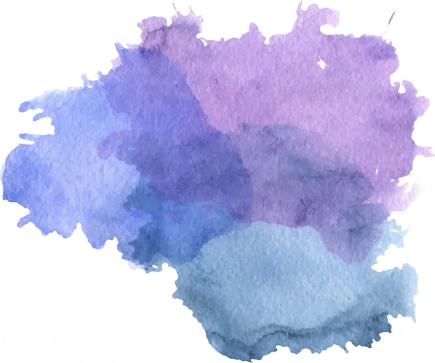 Watercolor purple and blue stain with blots, paper texture, isolated 