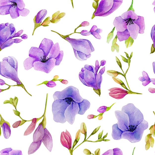 Watercolor purple freesia flowers seamless pattern